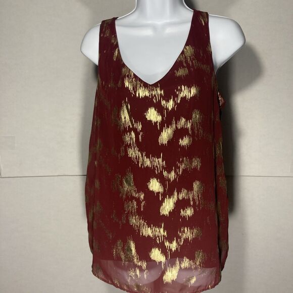 Covington Tops - COVINGTON maroon gold v-neck sleeveless semi sheer overlay top M